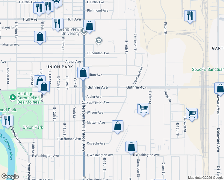 map of restaurants, bars, coffee shops, grocery stores, and more near 1521 Guthrie Avenue in Des Moines