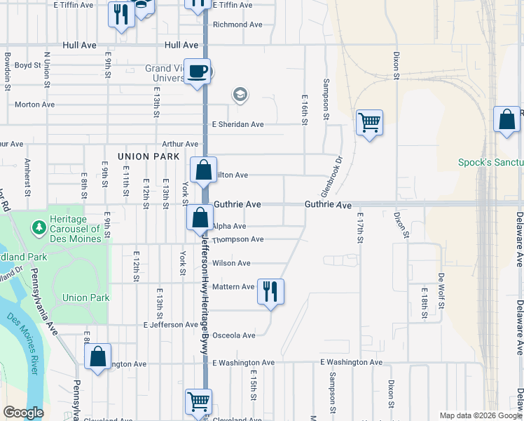 map of restaurants, bars, coffee shops, grocery stores, and more near 1521 Guthrie Avenue in Des Moines