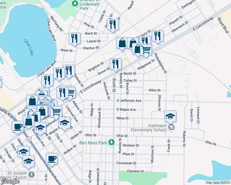 map of restaurants, bars, coffee shops, grocery stores, and more near 200-298 Woodson St in La Porte