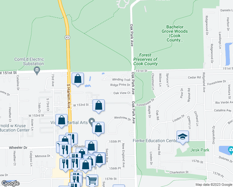 map of restaurants, bars, coffee shops, grocery stores, and more near 6837 Oak View Court in Oak Forest