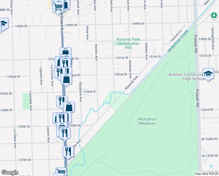 map of restaurants, bars, coffee shops, grocery stores, and more near 15238 Kilbourn Avenue in Midlothian