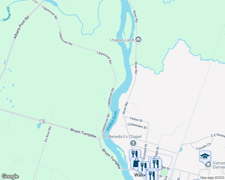 map of restaurants, bars, coffee shops, grocery stores, and more near Lippincott Road in Wallkill