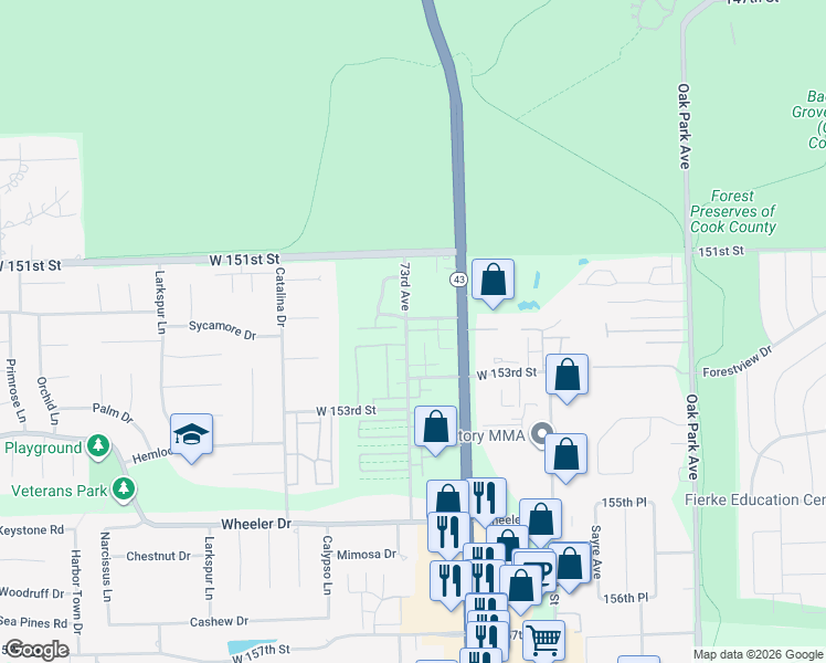 map of restaurants, bars, coffee shops, grocery stores, and more near 7246 West 152nd Place in Orland Park