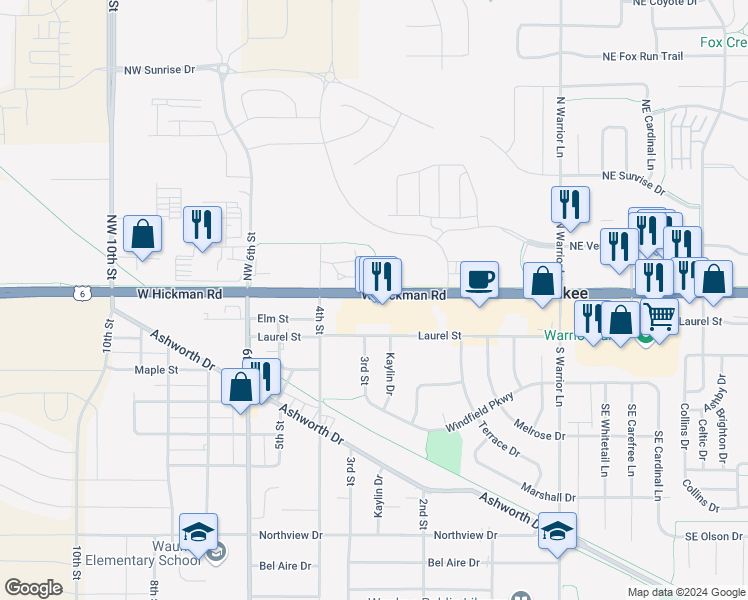map of restaurants, bars, coffee shops, grocery stores, and more near 296 Hickman Road in Waukee
