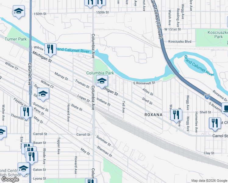 map of restaurants, bars, coffee shops, grocery stores, and more near 1329 Michigan Street in Hammond