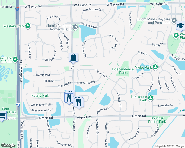 map of restaurants, bars, coffee shops, grocery stores, and more near 225 Stamford Lane in Romeoville