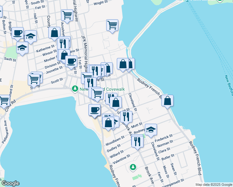 map of restaurants, bars, coffee shops, grocery stores, and more near 85-89 Ruth Street in New Bedford