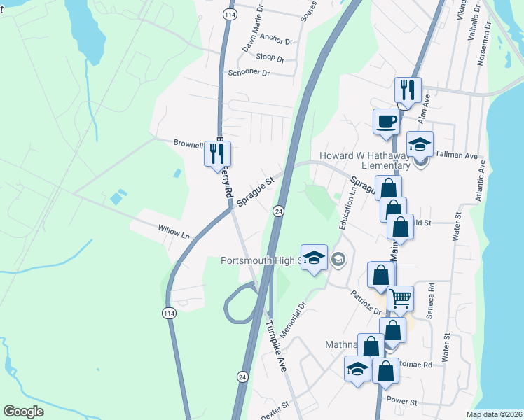 map of restaurants, bars, coffee shops, grocery stores, and more near 29 Sprague Court in Portsmouth