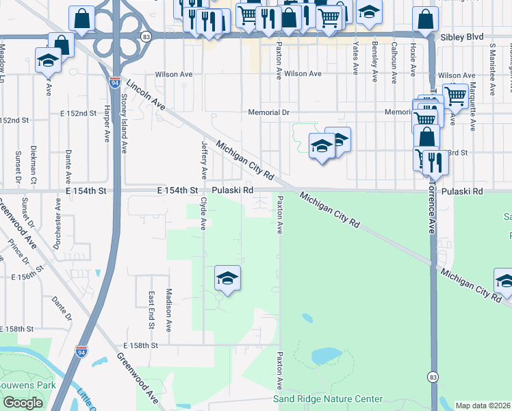 map of restaurants, bars, coffee shops, grocery stores, and more near 722 Shady Acres Ln in Calumet City