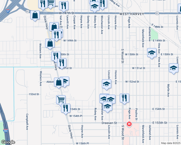 map of restaurants, bars, coffee shops, grocery stores, and more near 166 West 151st Street in Harvey