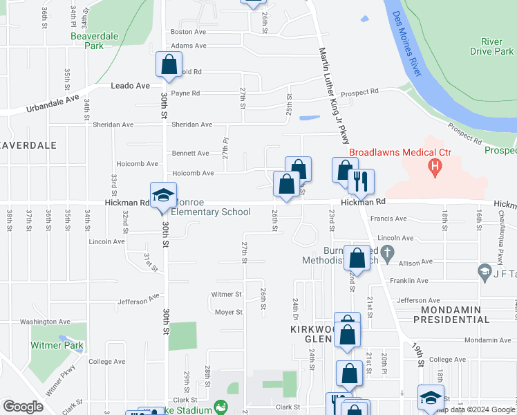map of restaurants, bars, coffee shops, grocery stores, and more near 2608 Hickman Road in Des Moines