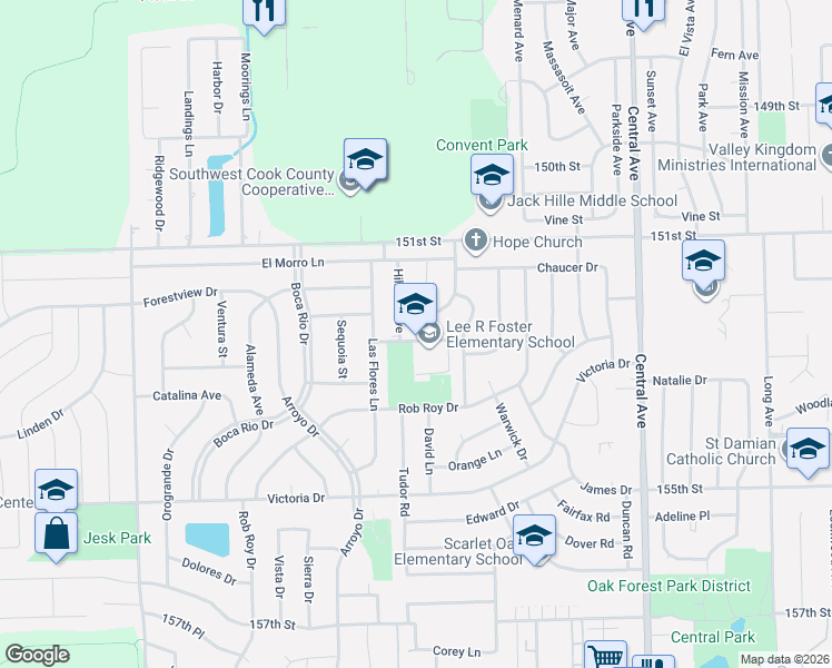 map of restaurants, bars, coffee shops, grocery stores, and more near 5936 School Street in Oak Forest