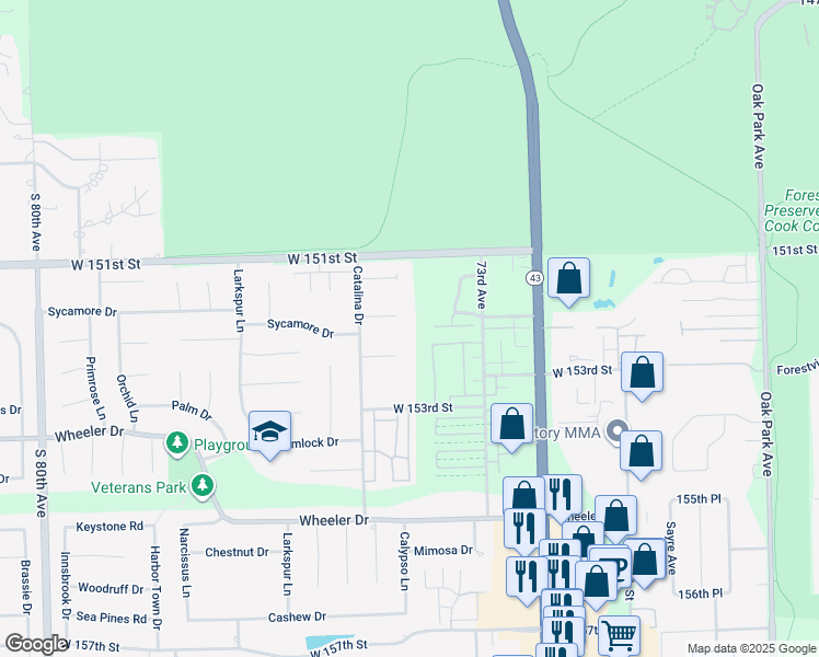 map of restaurants, bars, coffee shops, grocery stores, and more near 7439 Sycamore Court in Orland Park