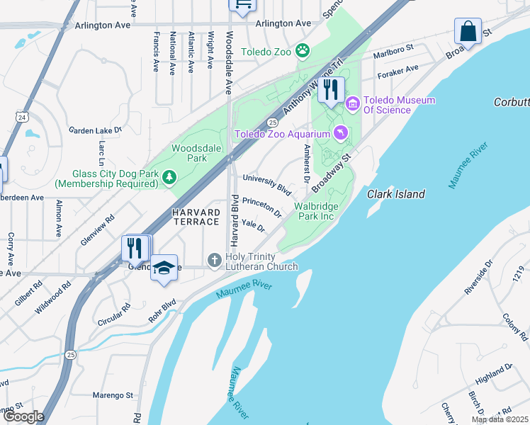 map of restaurants, bars, coffee shops, grocery stores, and more near 125 Princeton Drive in Toledo