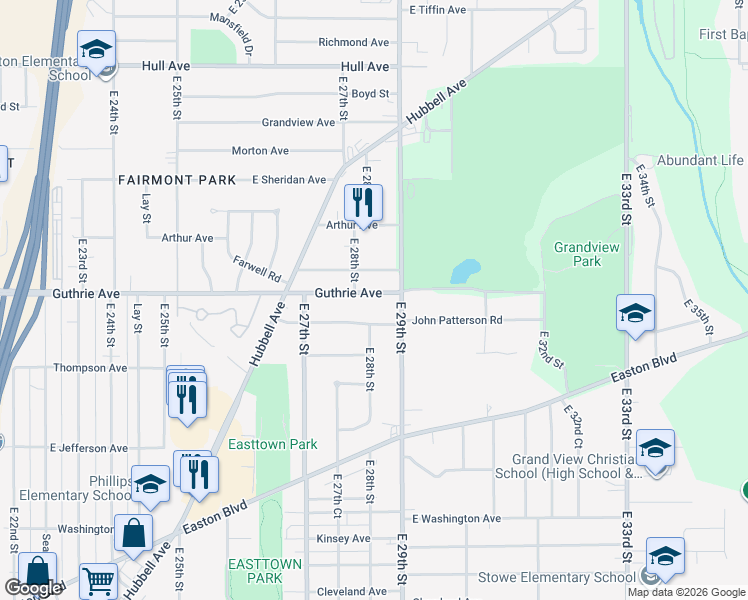 map of restaurants, bars, coffee shops, grocery stores, and more near 2815 Guthrie Avenue in Des Moines