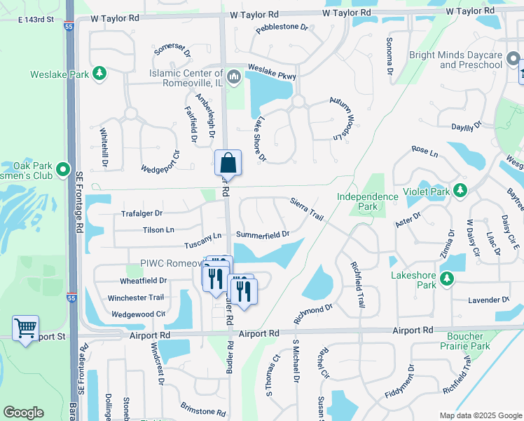 map of restaurants, bars, coffee shops, grocery stores, and more near 236 Saratoga Lane in Romeoville