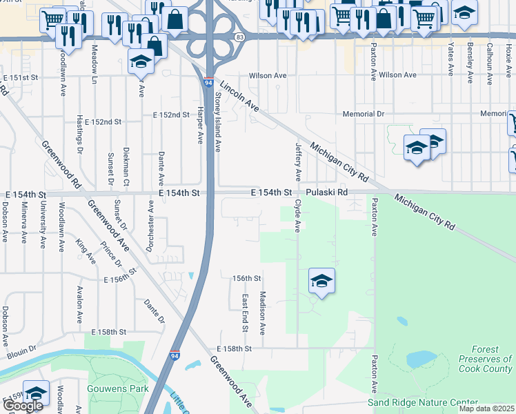 map of restaurants, bars, coffee shops, grocery stores, and more near 1635 East 154th Street in Dolton