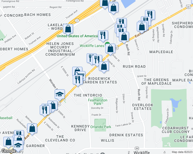 map of restaurants, bars, coffee shops, grocery stores, and more near 1519 Ridgewick Drive in Wickliffe