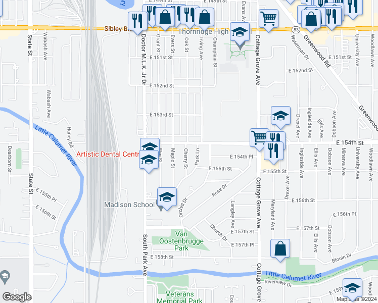 map of restaurants, bars, coffee shops, grocery stores, and more near 15413 Cherry Street in South Holland