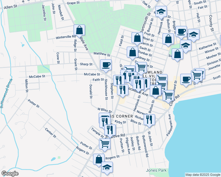 map of restaurants, bars, coffee shops, grocery stores, and more near 107 Stephen Street in Dartmouth