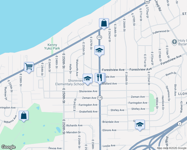 map of restaurants, bars, coffee shops, grocery stores, and more near 415 East 257th Street in Euclid