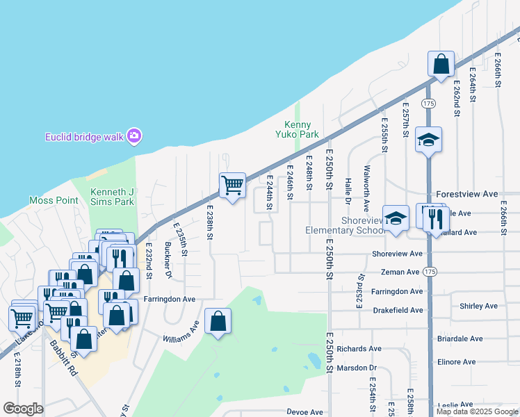 map of restaurants, bars, coffee shops, grocery stores, and more near 24371 Beachland Drive in Euclid
