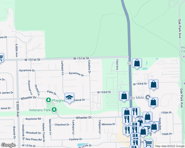 map of restaurants, bars, coffee shops, grocery stores, and more near 15229 Catalina Drive in Orland Park