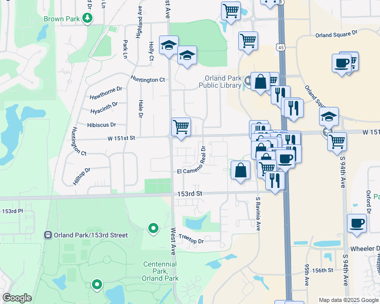 map of restaurants, bars, coffee shops, grocery stores, and more near 9955 Franchesca Court in Orland Park