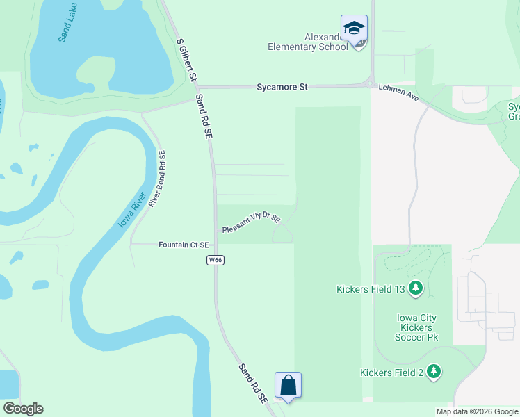 map of restaurants, bars, coffee shops, grocery stores, and more near 4394 Sand Rd SE in Iowa City