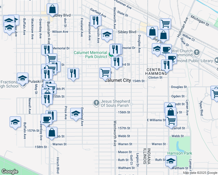 map of restaurants, bars, coffee shops, grocery stores, and more near 218 154th Place in Calumet City