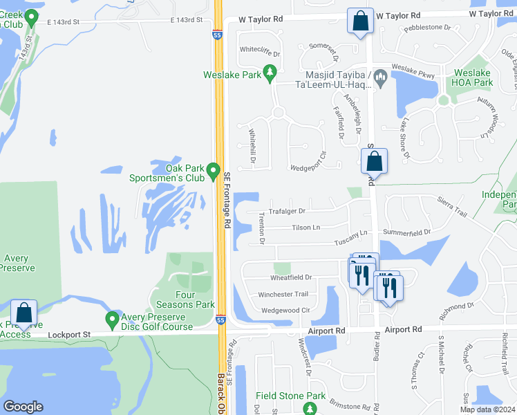 map of restaurants, bars, coffee shops, grocery stores, and more near 2054 Trafalger Court in Romeoville