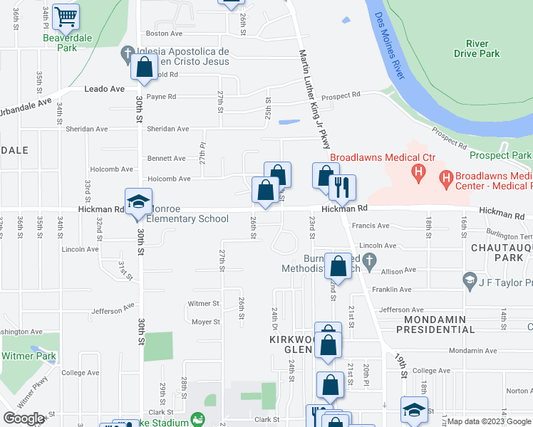 map of restaurants, bars, coffee shops, grocery stores, and more near 2410 Hickman Road in Des Moines