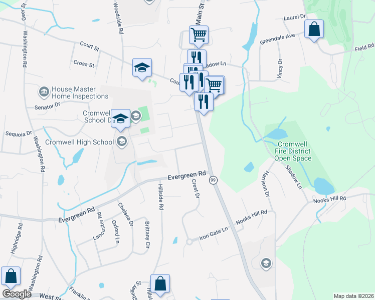 map of restaurants, bars, coffee shops, grocery stores, and more near 9 Reiman Drive in Cromwell