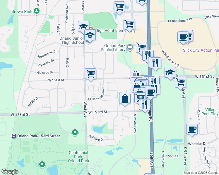 map of restaurants, bars, coffee shops, grocery stores, and more near 9840 El Cameno Lane in Orland Park