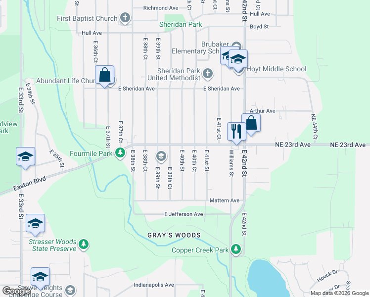 map of restaurants, bars, coffee shops, grocery stores, and more near 2208 East 40th Court in Des Moines