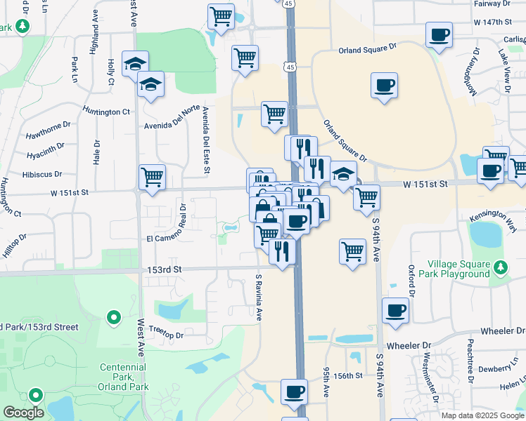 map of restaurants, bars, coffee shops, grocery stores, and more near 15142 South La Grange Road in Orland Park