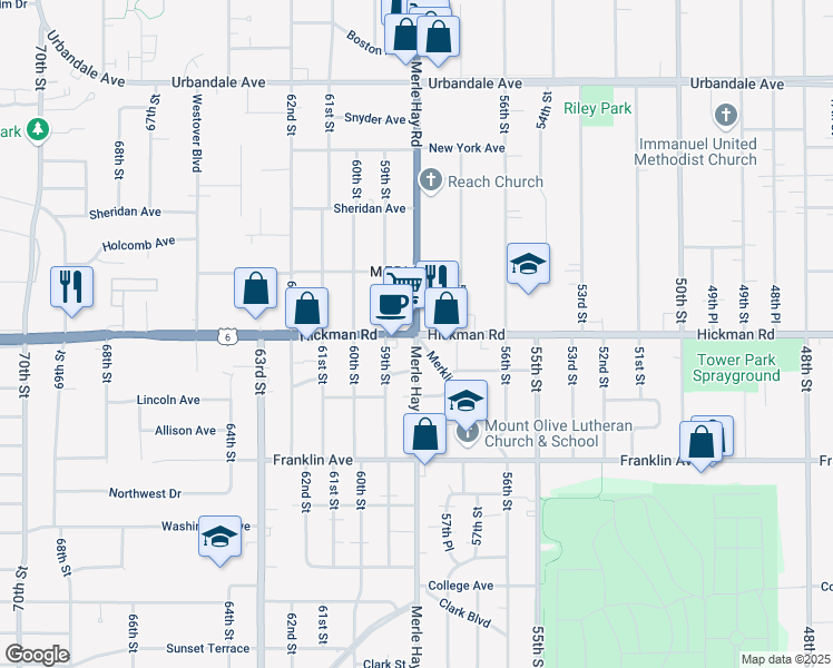 map of restaurants, bars, coffee shops, grocery stores, and more near Hickman Rd & Merle Hay Rd in Des Moines