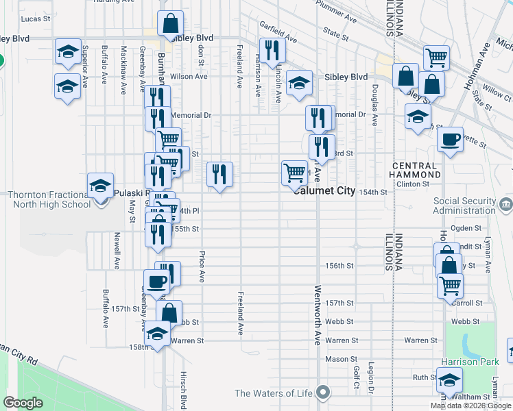 map of restaurants, bars, coffee shops, grocery stores, and more near 335 154th Place in Calumet City