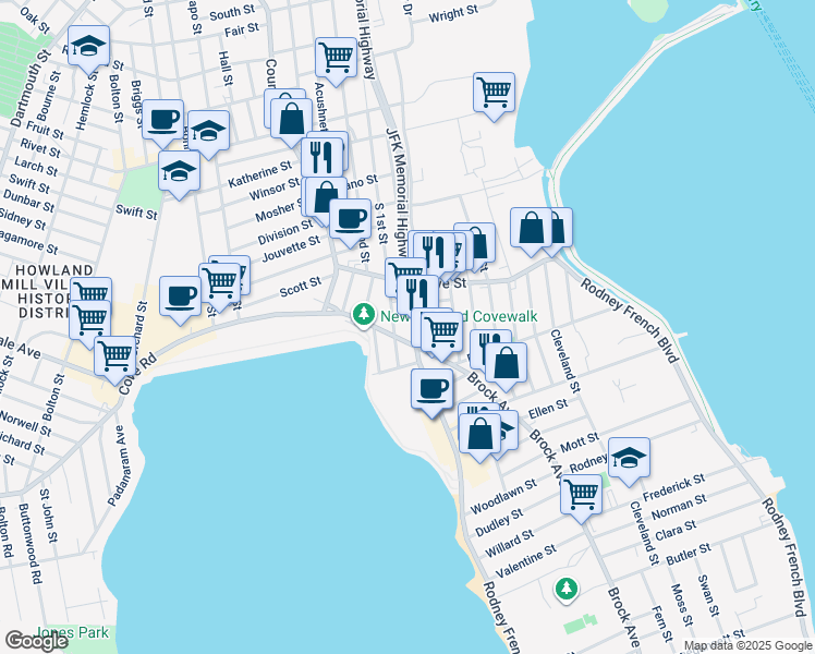 map of restaurants, bars, coffee shops, grocery stores, and more near 1037 Cove Road in New Bedford