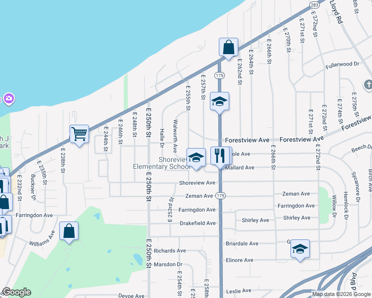map of restaurants, bars, coffee shops, grocery stores, and more near 421 East 255th Street in Euclid