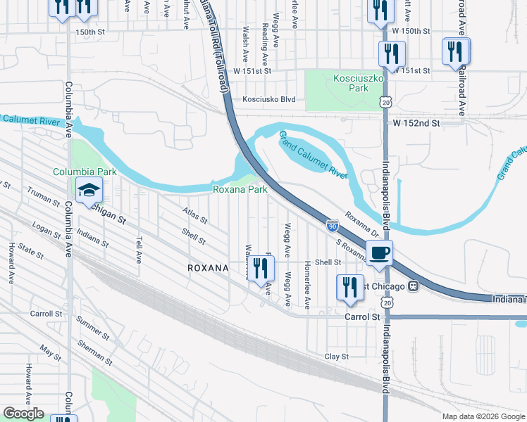 map of restaurants, bars, coffee shops, grocery stores, and more near 5501 Reading Avenue in East Chicago
