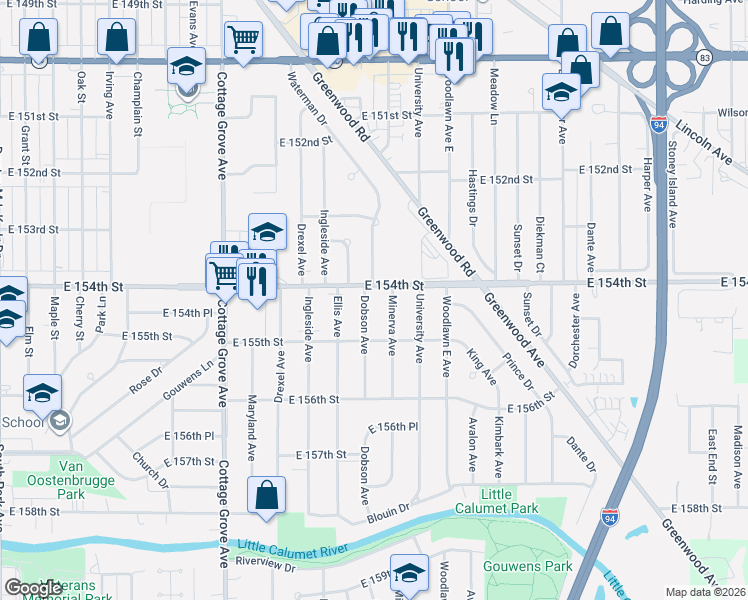 map of restaurants, bars, coffee shops, grocery stores, and more near 15422 Minerva Avenue in Dolton