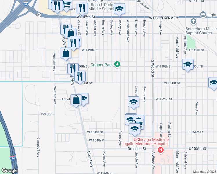 map of restaurants, bars, coffee shops, grocery stores, and more near 174 West 151st Street in Harvey