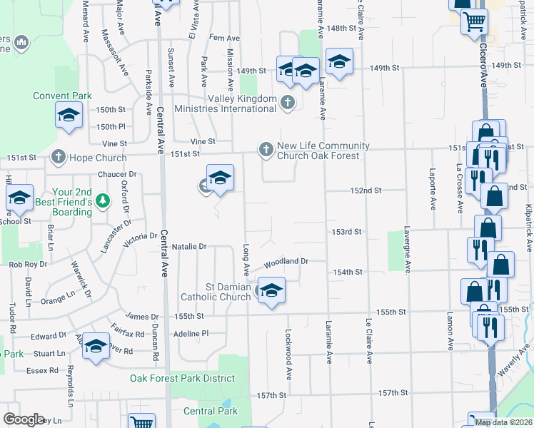 map of restaurants, bars, coffee shops, grocery stores, and more near 15238 Creekside Drive in Oak Forest
