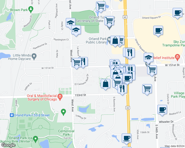 map of restaurants, bars, coffee shops, grocery stores, and more near 9855 El Cameno Lane in Orland Park