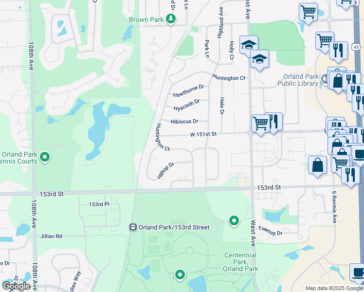map of restaurants, bars, coffee shops, grocery stores, and more near 15140 Huntington Court in Orland Park