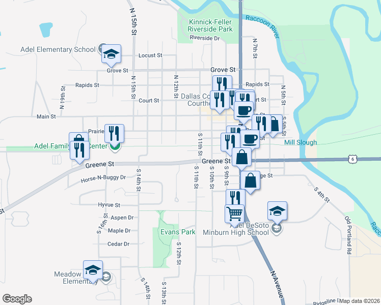 map of restaurants, bars, coffee shops, grocery stores, and more near 1120 Greene Street in Adel