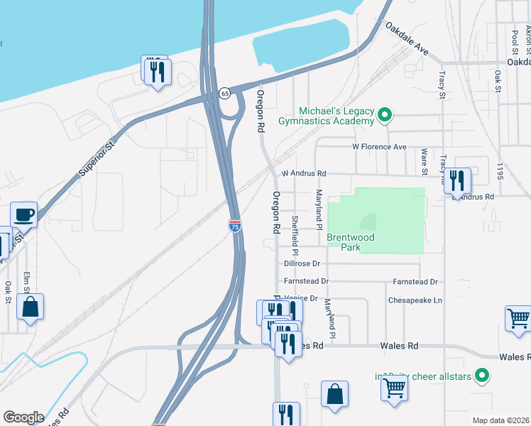 map of restaurants, bars, coffee shops, grocery stores, and more near Interstate 75 in Northwood