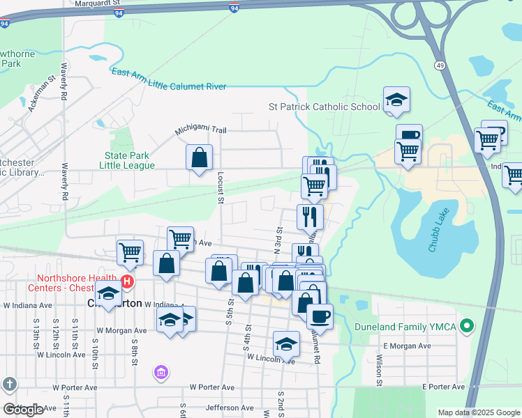 map of restaurants, bars, coffee shops, grocery stores, and more near 301 Brown Court in Chesterton