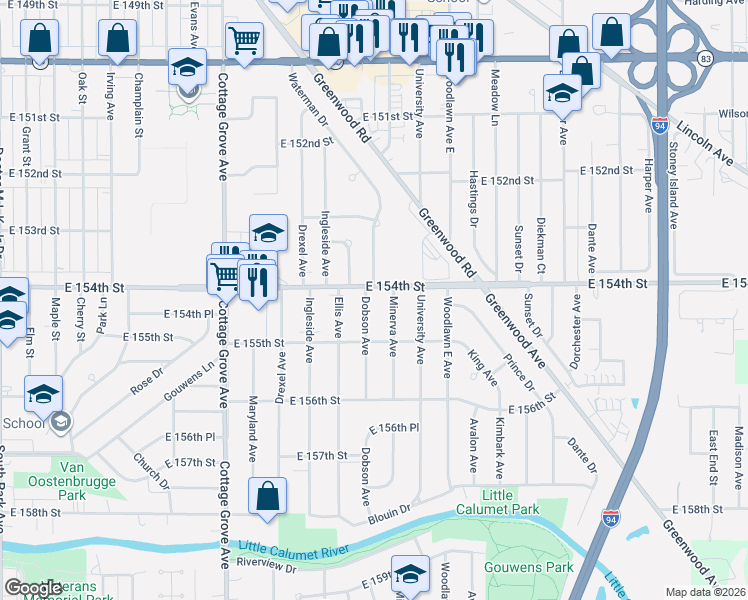 map of restaurants, bars, coffee shops, grocery stores, and more near 15422 Minerva Avenue in Dolton
